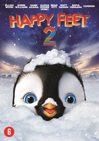 Penguin peeking out of snow, movie title "Happy Feet 2" on top.