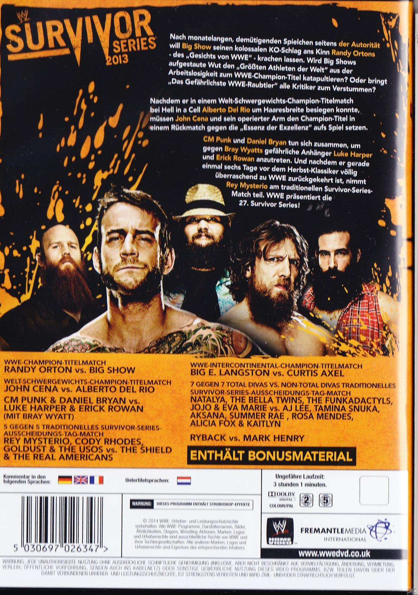 DVD-Cover für Survivor Series 2013 mit Wrestlern und Event-Details.