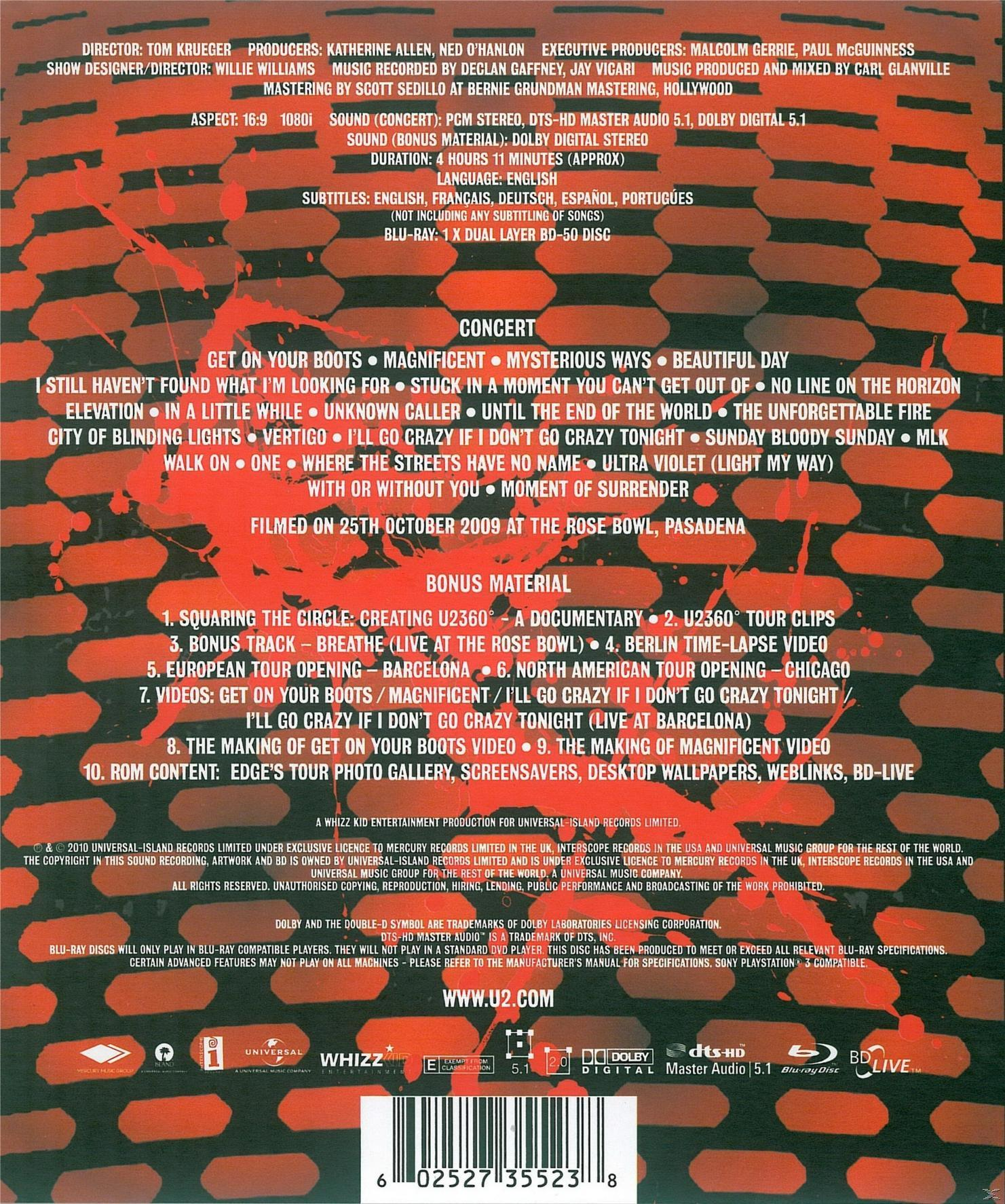 Blu-ray-Rückseite. Titelliste, Credits und Bonusmaterial für ein Konzert.