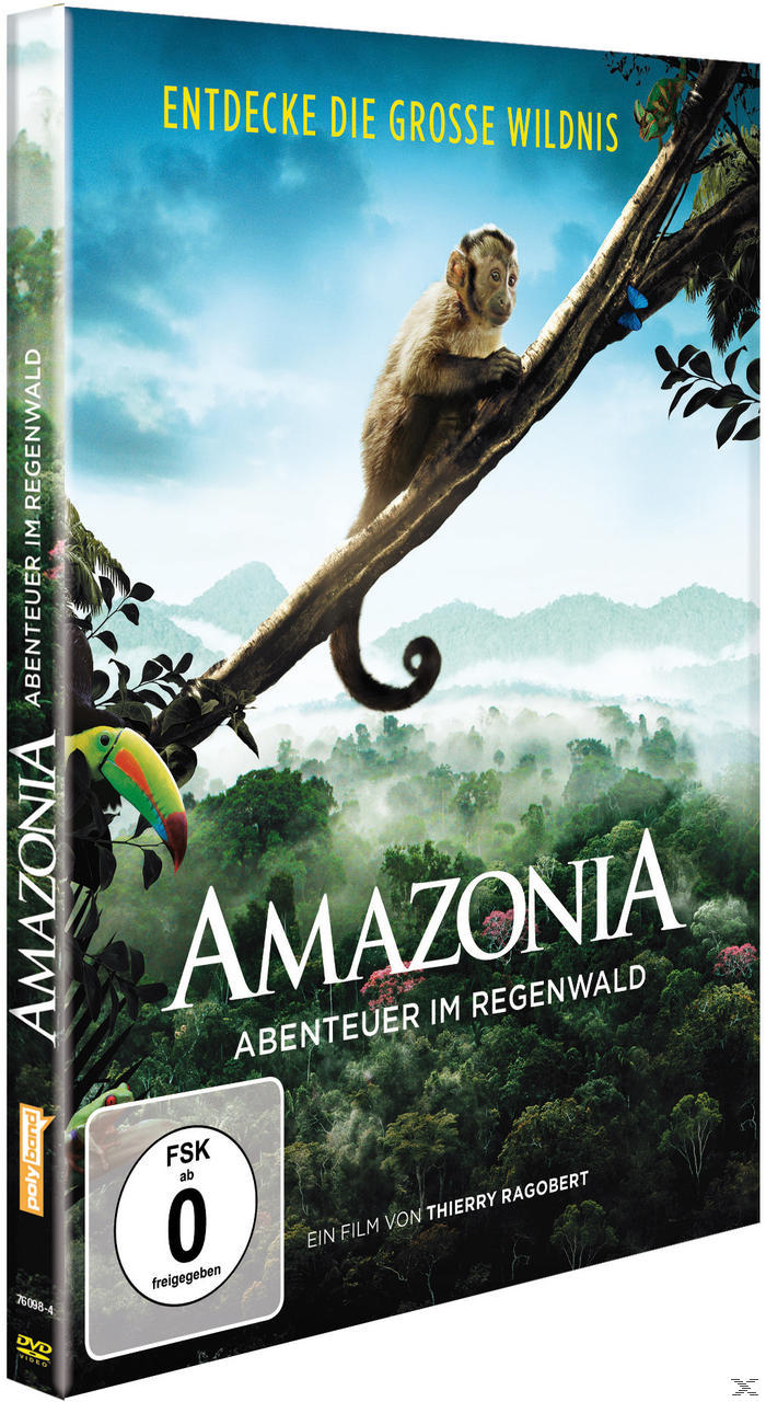 DVD-Cover: Amazonia-Film, Affe auf Ast, Dschungel-Hintergrund, bunter Tukan.