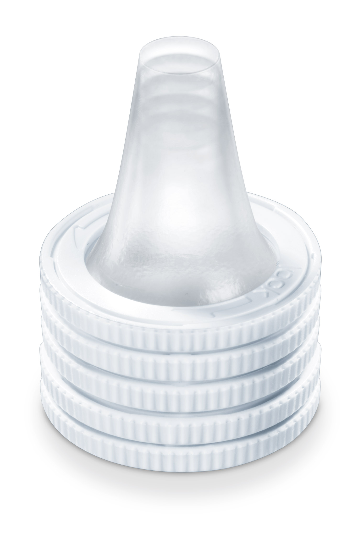 Ein Stapel weißer, Kunststoff-Ohrthermometer-Hüllen, transparente Spitze oben.