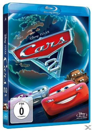 Blu-ray-Cover des Films Cars 2, mit Autos und der Weltkarte im Hintergrund. Blaue und rote Farben.