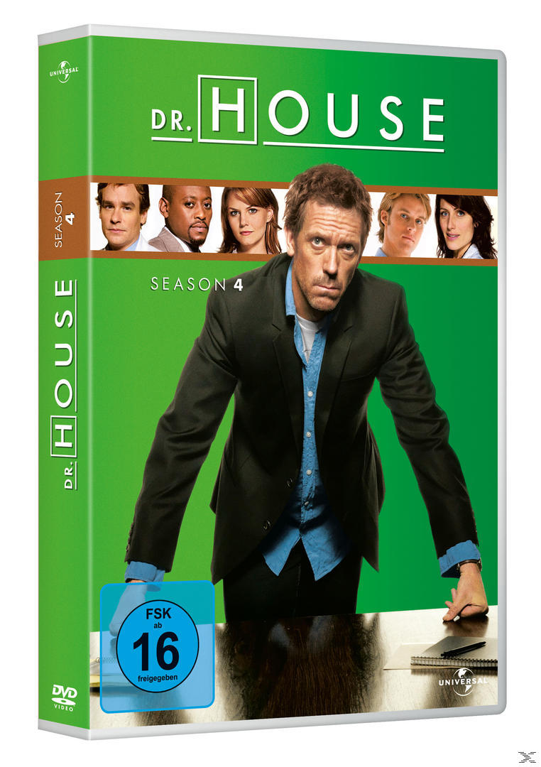 Dr. House Staffel 4 DVD-Cover. Hugh Laurie ist mit anderen Schauspielern auf grünem Hintergrund zu sehen.