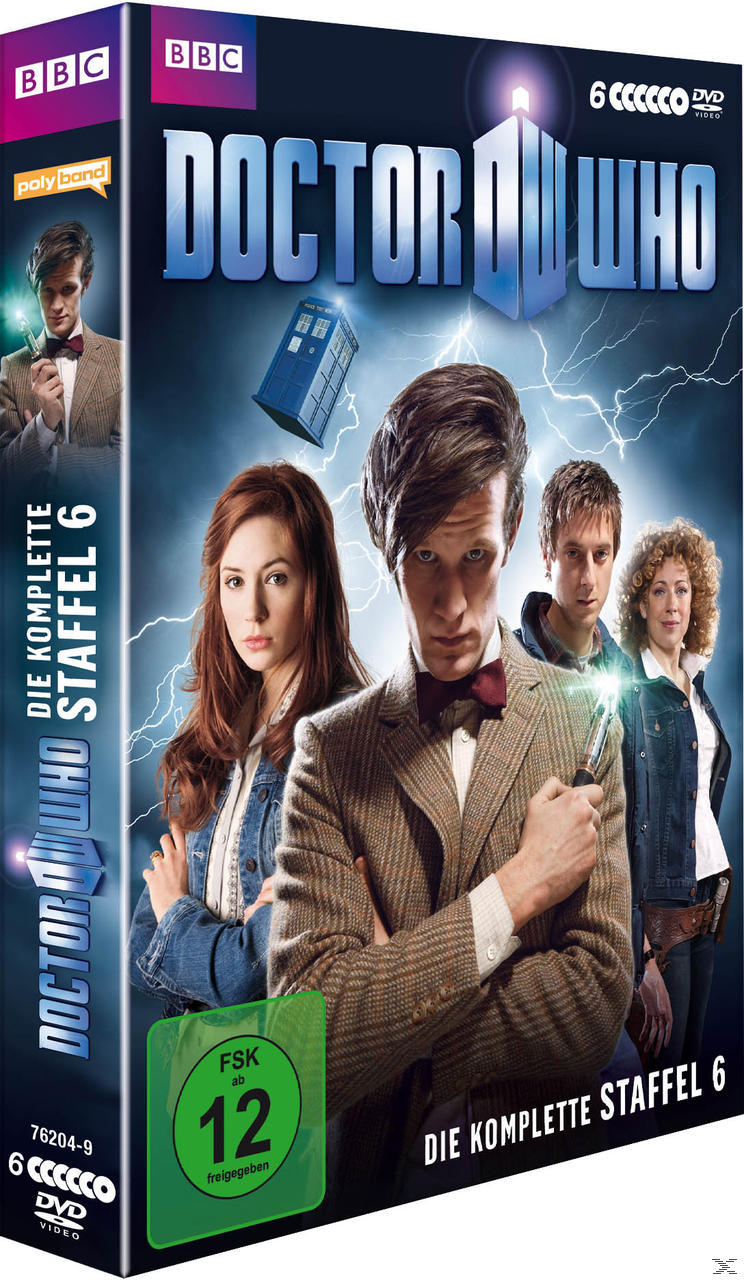 Doctor Who DVD-Box-Set mit Besetzung. Blauer Hintergrund, TARDIS. Der Titel ist sichtbar.