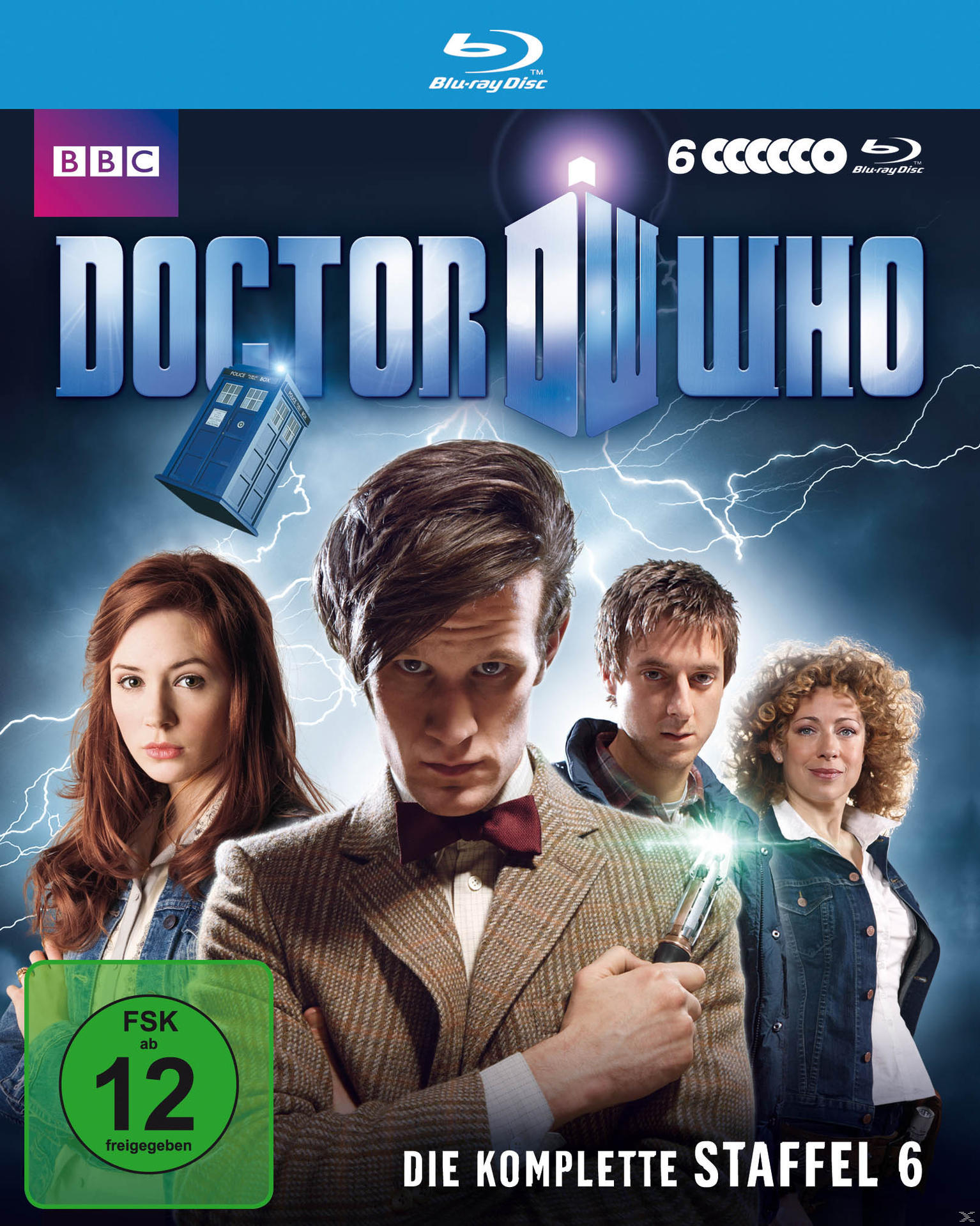 Doctor Who Blu-ray Cover mit vier Personen, TARDIS und Blitzen.