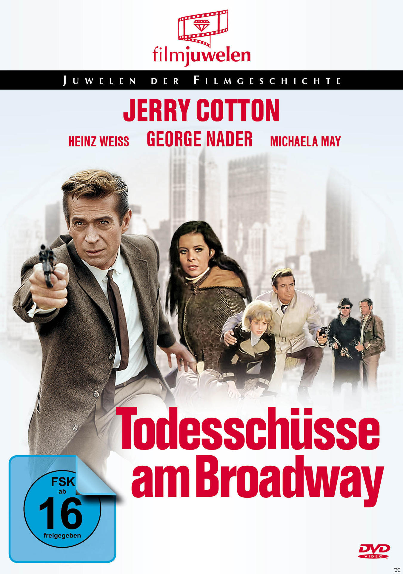 Filmposter mit einem Mann, der eine Waffe hält, Schauspielern und dem deutschen Titel 'Todeschüsse am Broadway'.