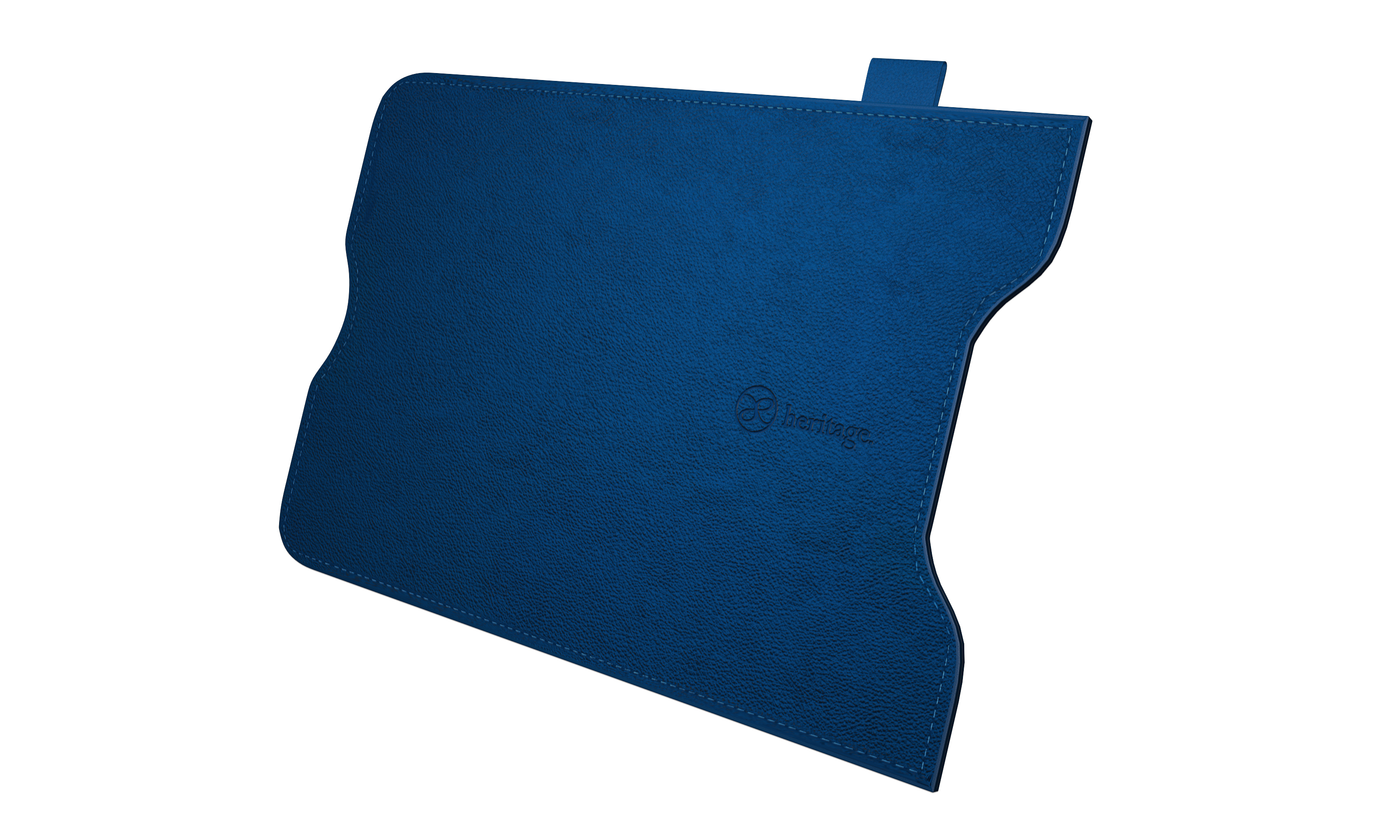 Blaue Tablethülle. Ein Logo auf dem unteren Teil der Hülle.