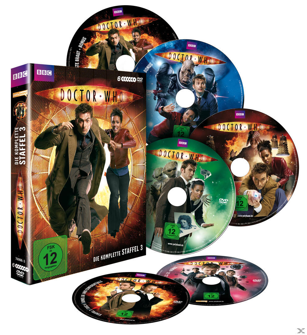 DVD-Box-Set, Doctor Who, Staffel 3. Der Doktor und Begleiter auf dem Cover. Verschiedene Discs.
