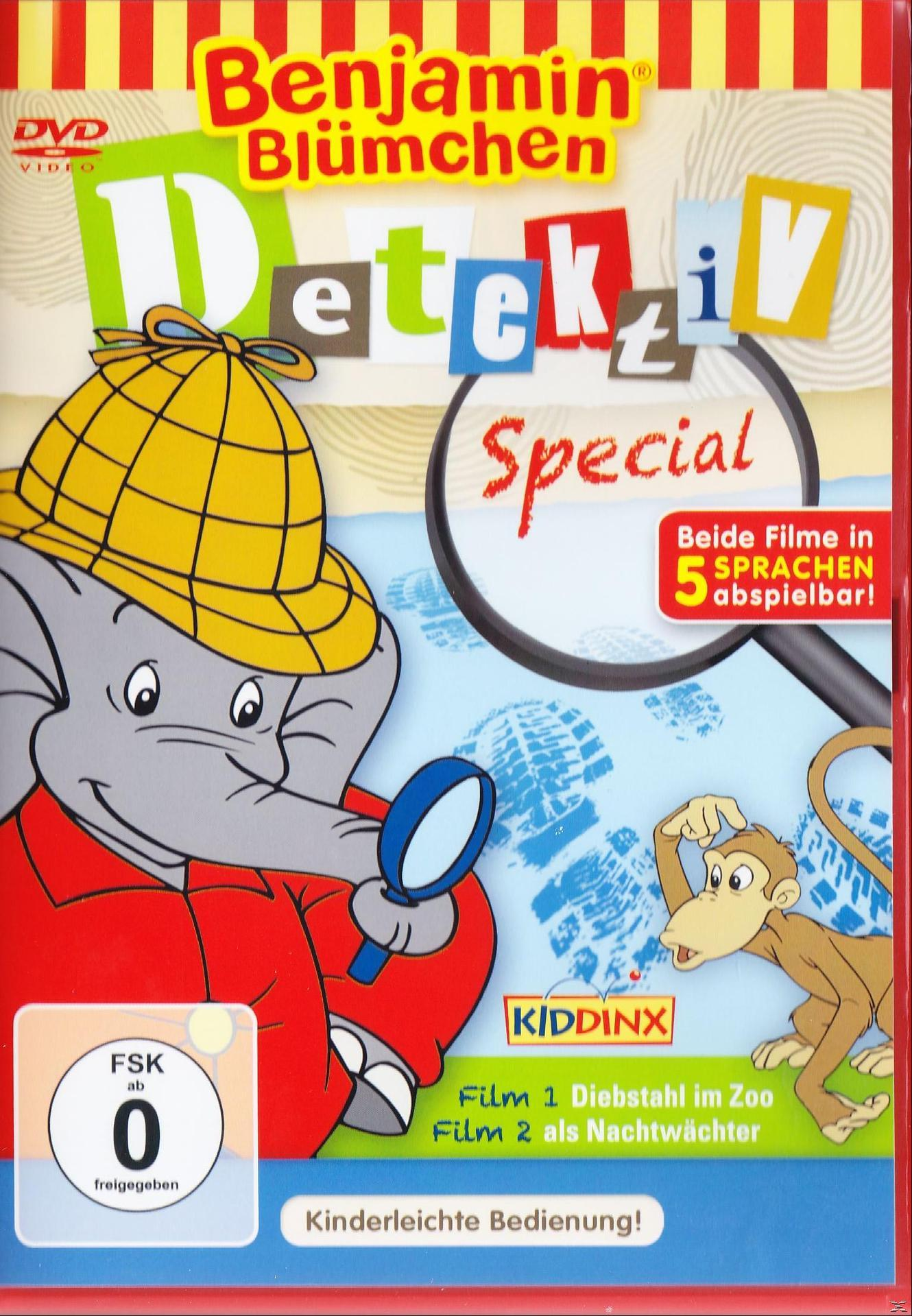 DVD-Cover. Elefanten-Detektiv, Affen-Detektiv mit Lupe. Cartoon-Stil.