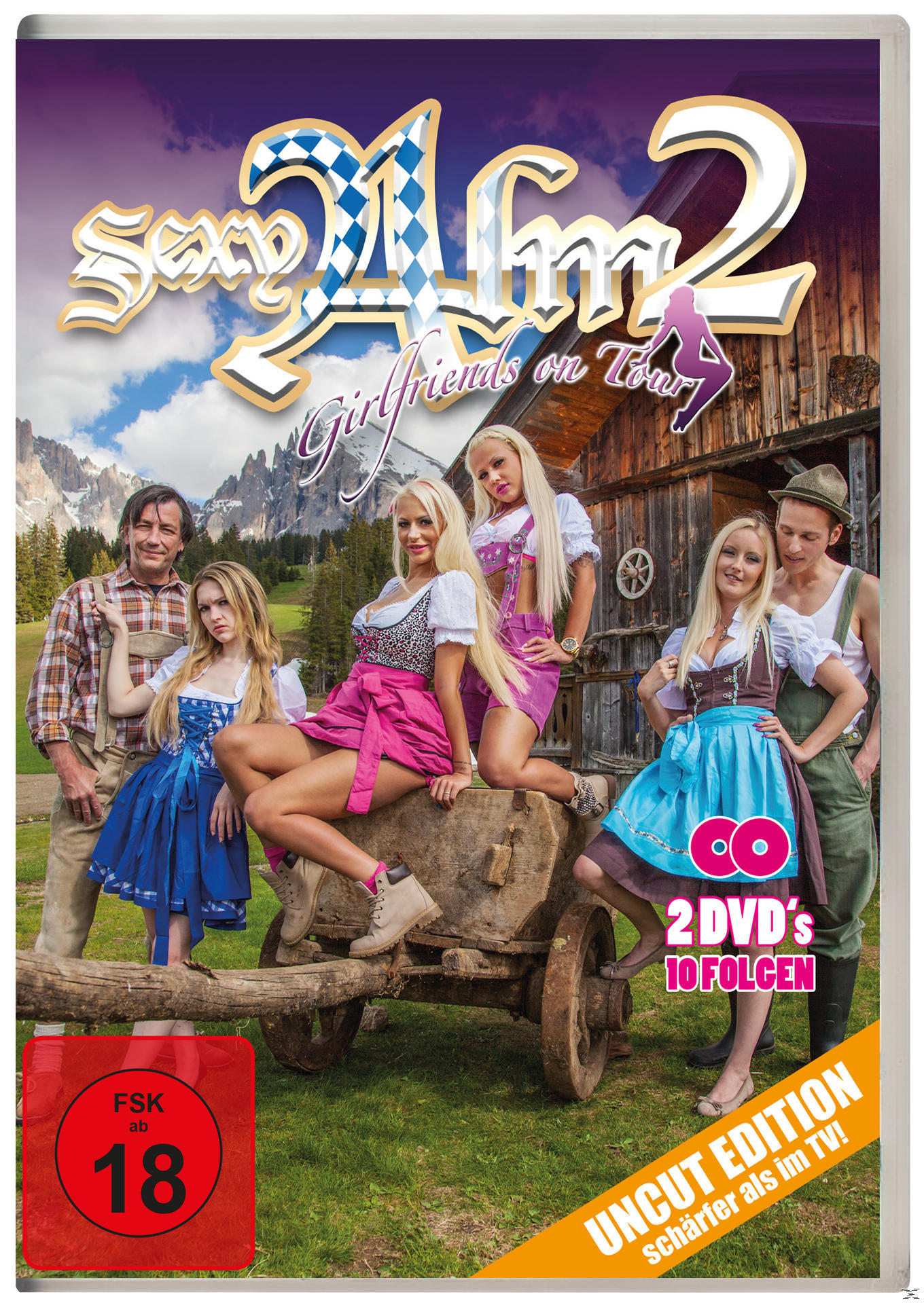 DVD-Cover: Frauen in Trachten, ein Wagen und Berge. Text 'Sexy Alm 2' und 'Girlfriends on Tour'.
