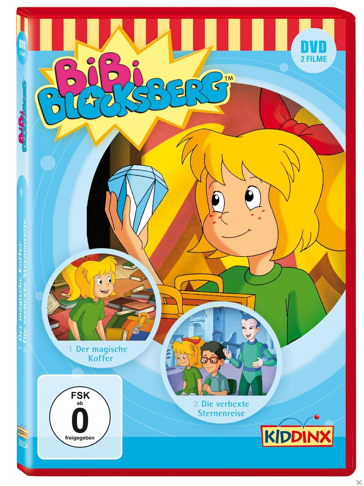 DVD-Cover. Cartoon: Bibi Blocksberg. Mädchen hält Diamanten. Andere Cartoon-Charaktere und Szenen.