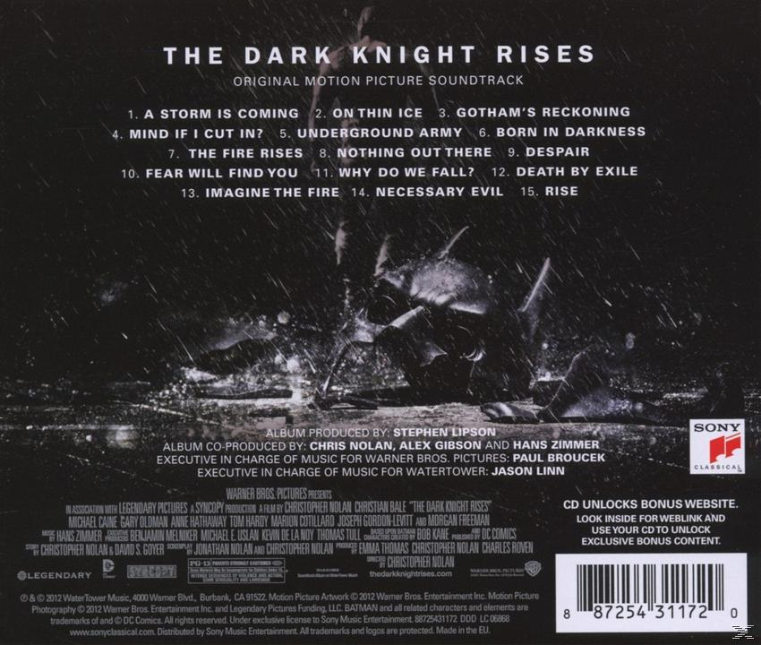 Rückseite der CD zum Soundtrack 'The Dark Knight Rises'. Listet Titel, mit Batman-Logo.
