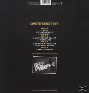 Albumcover: Deep Purple 'Live in Graz 1975'. Tracklist enthält 'Smoke on the Water'. Schwarzer Hintergrund mit Bandlogo.