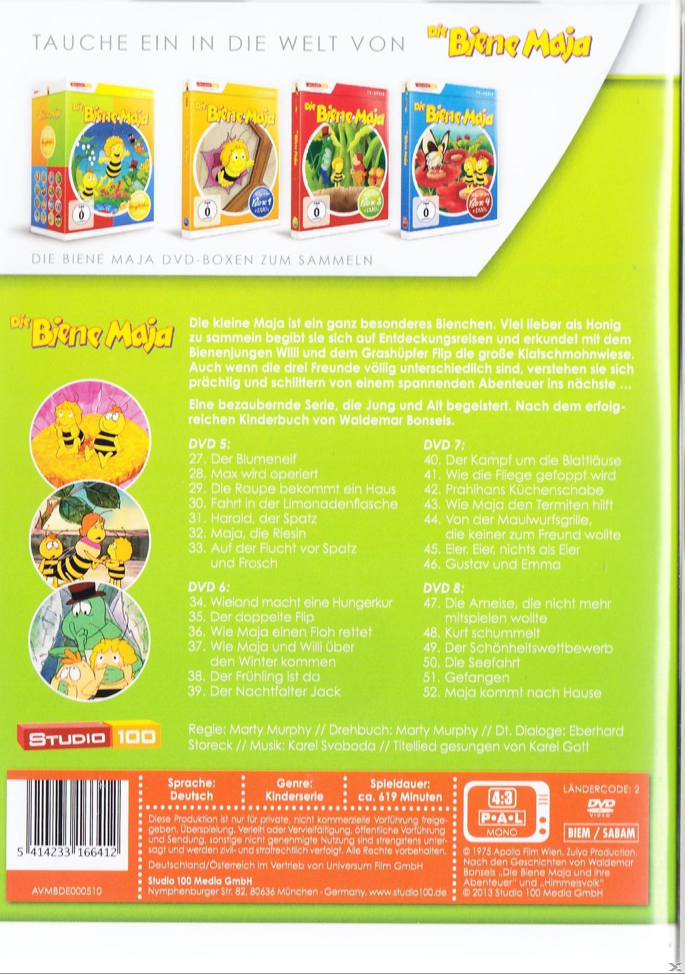 DVD-Set mit vier Boxen der Biene Maja-Serie. Jede Box zeigt eine Biene.
