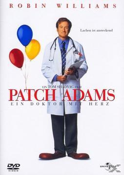 Patch Adams DVD-Cover mit Robin Williams in einem Arztkittel, der Ballons hält.