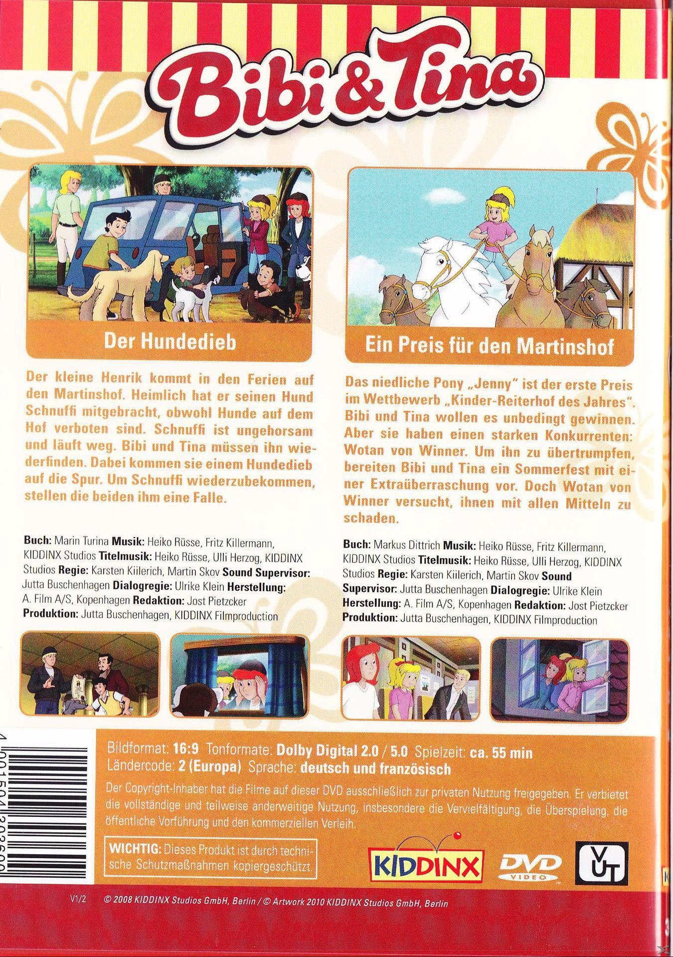 Die Rückseite einer DVD-Hülle mit Text auf Deutsch. Enthält Zeichentrickfiguren und einen Hund. Der Titel lautet Bibi & Tina.