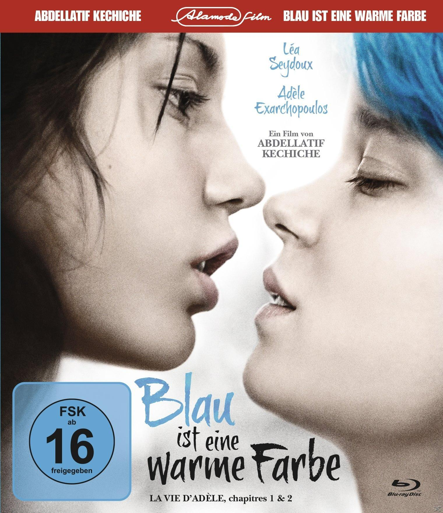 Filmposter: Zwei Frauen im Nahkampf. Der Titel lautet 'Blau ist eine warme Farbe'.