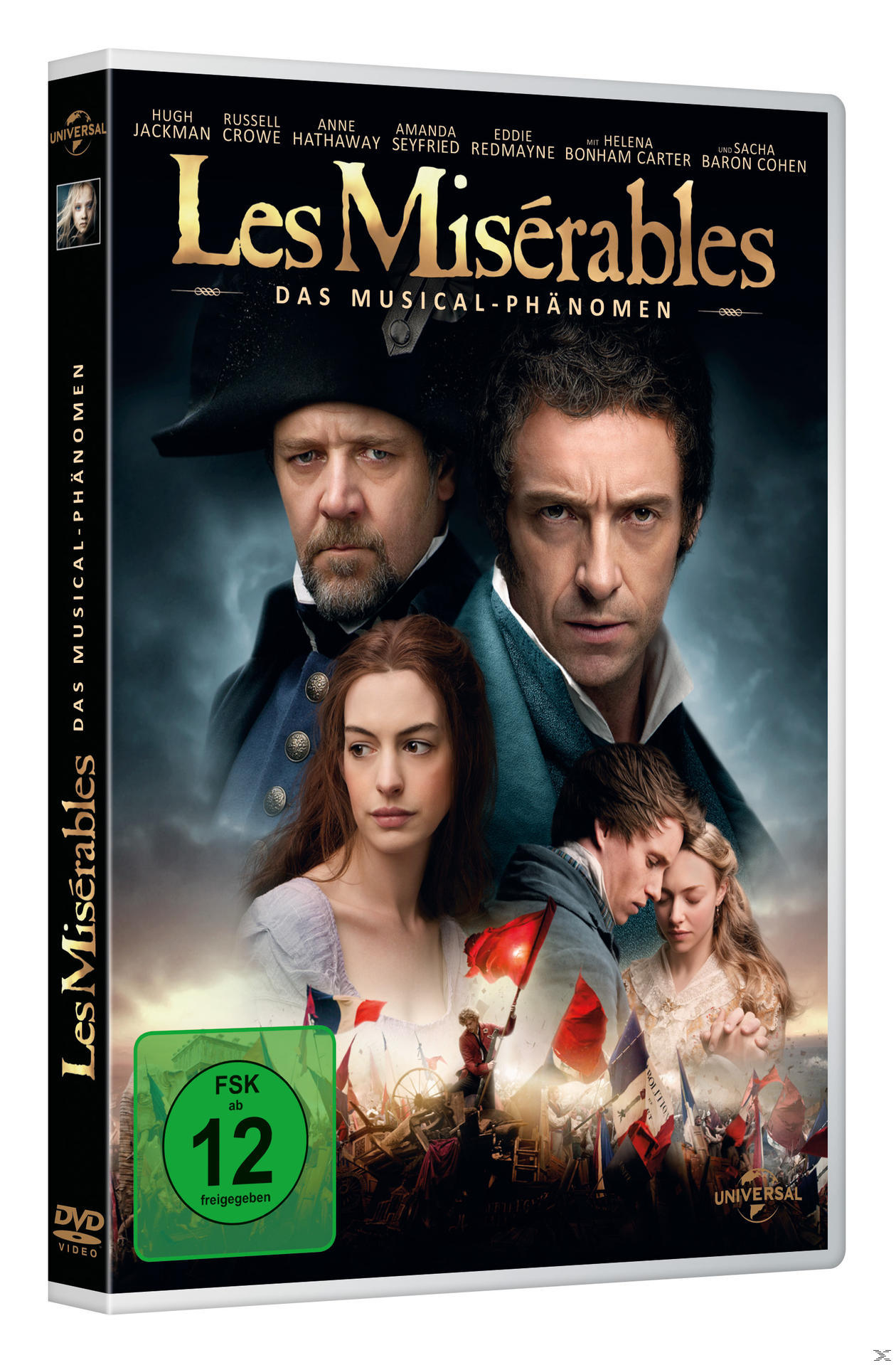 DVD-Cover: Les Misérables. Mit Hugh Jackman, Russell Crowe, Anne Hathaway. Dunkel, dramatisch, mit mehreren Gesichtern.