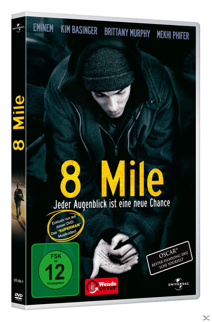 DVD-Cover für den Film '8 Mile'. Eminems Bild ist in der Mitte. Der Titel ist gelb.