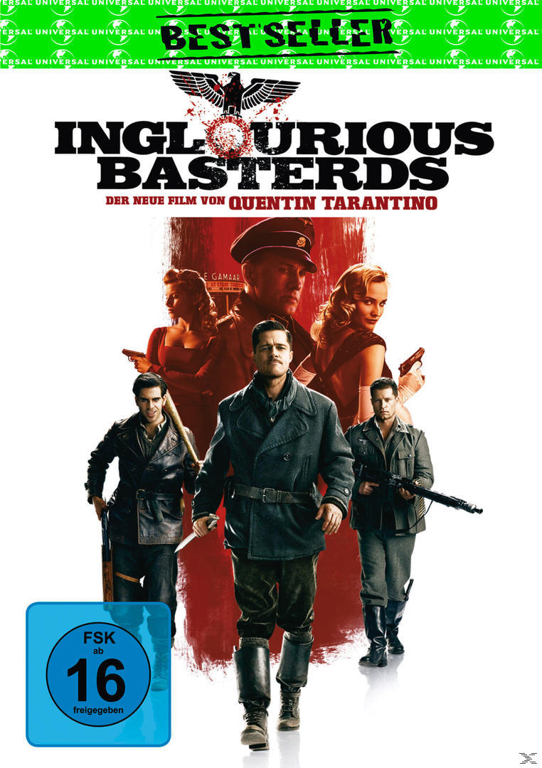 Filmcover für 'Inglourious Basterds'. Schauspieler stehen mit Waffen, 'Best Seller' Banner oben.