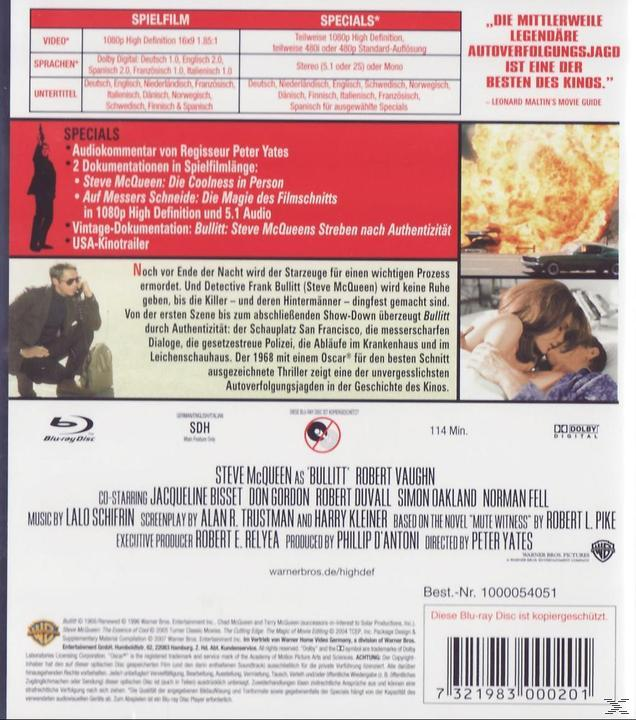 DVD-Cover für 'Bullitt' mit Steve McQueen, Text und einer Verfolgungsjagd.