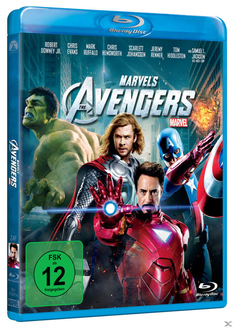 Blu-ray-Cover für 'Marvel's The Avengers'. Zeigt die Hauptfiguren mit einem Stadtbild im Hintergrund.