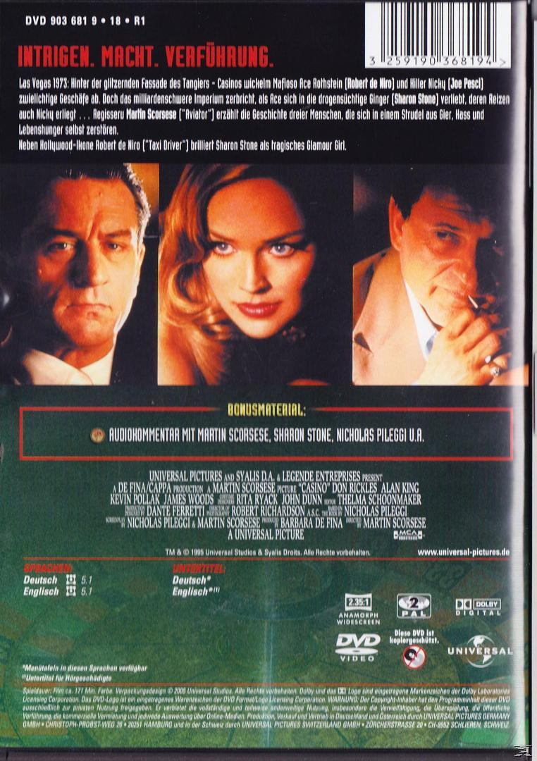 DVD-Cover. Schauspieler in Casino. Robert De Niro, Sharon Stone und Joe Pesci.