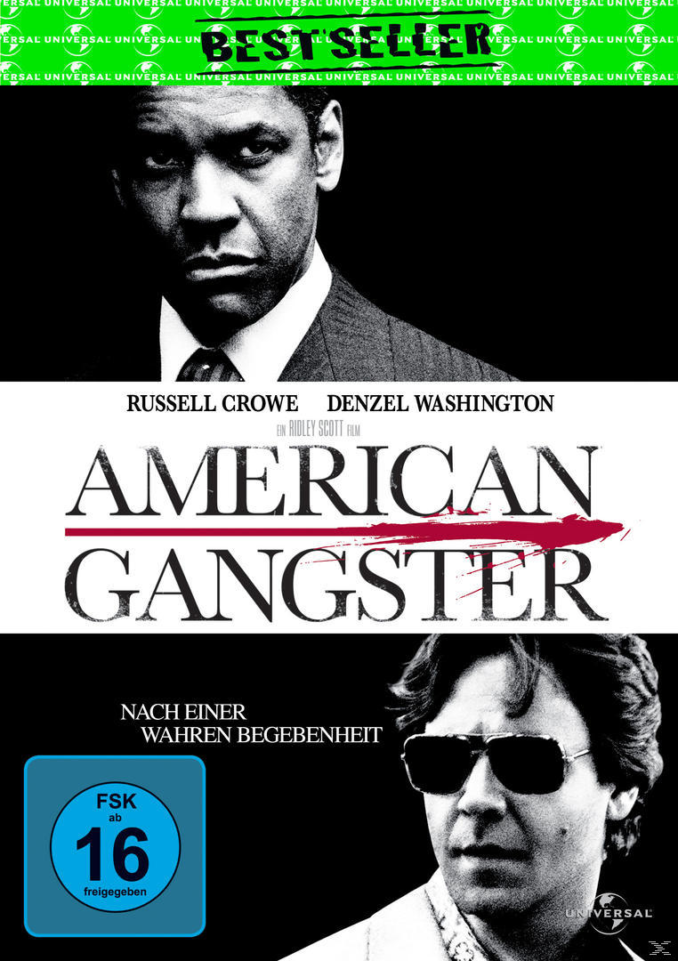 DVD-Cover. Denzel Washington und Russell Crowe. Filmtitel: American Gangster. Ein Filmplakat.