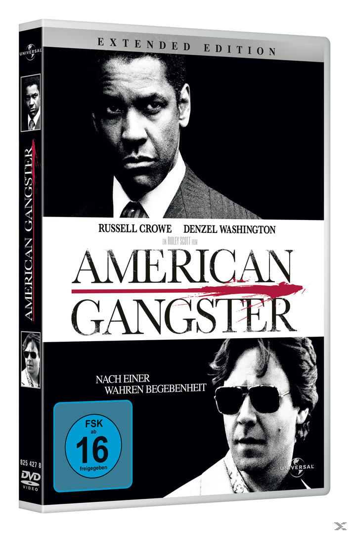 DVD-Cover von American Gangster mit Denzel Washington und Russell Crowe. Der Titel der erweiterten Edition steht oben.