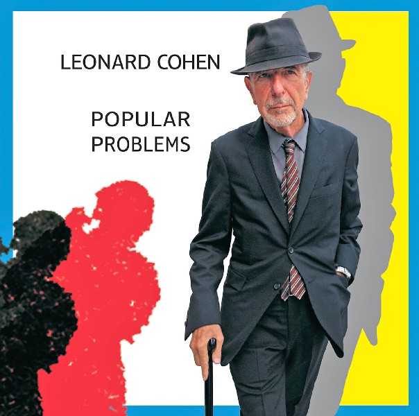 Leonard Cohen im Anzug mit Hut, mit Gehstock, farbenfrohem Hintergrund und Silhouette.
