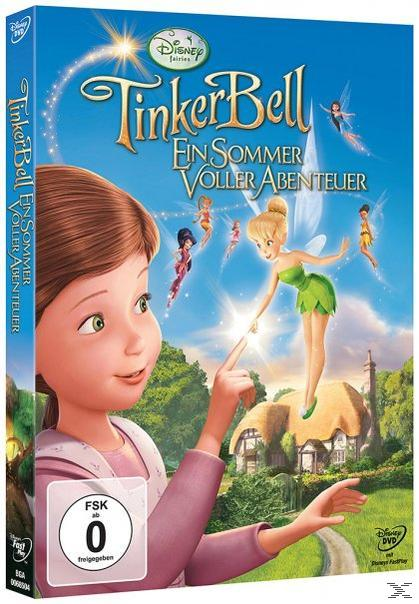 Tinkerbell DVD-Cover. Ein Mädchen mit Tinkerbell und anderen Feen. Blauer Himmel-Hintergrund.