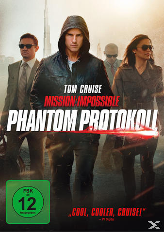 "Mission: Impossible - Phantom Protokoll" DVD. Tom Cruise in Kapuzenjacke, mit drei weiteren Figuren.
