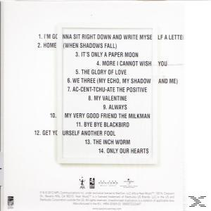 Weiße Albumrückseite mit Songtiteln, die in einem weißen Rahmen aufgelistet sind. Text ist meist schwarz.