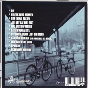 CD-Rückseite mit drei Fahrrädern unter einem Unterstand und Trackliste auf Deutsch.