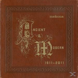 Braunes Albumcover mit goldfarbenem Design. Das Wort 'mekons' steht oben und 'ANCIENT & MODERN' in der Mitte.