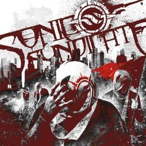Sonic Syndicate Albumcover. Eine Person mit weißer Maske, mit rotem Hintergrund.