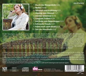 Albumcover mit Frau mit Kopfhörern, Trackliste und Text auf grünem und beigem Hintergrund.