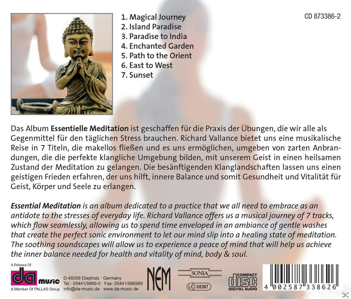Album-Rückseite, eine Buddha-Statue und ein Text über Meditation auf Englisch und Deutsch.