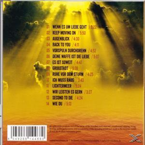 CD-Rückseite mit Songtiteln und einer Himmelsansicht mit Sonnenstrahlen.