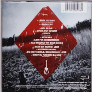 CD-Rückseite mit Songtiteln, einem roten Diamanten und einer Gitarre. Braun-weißer Hintergrund.