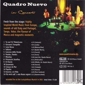 Quadro Nuevo Albumcover. Bandmitglieder spielen Instrumente, Rückseite mit Titelliste.