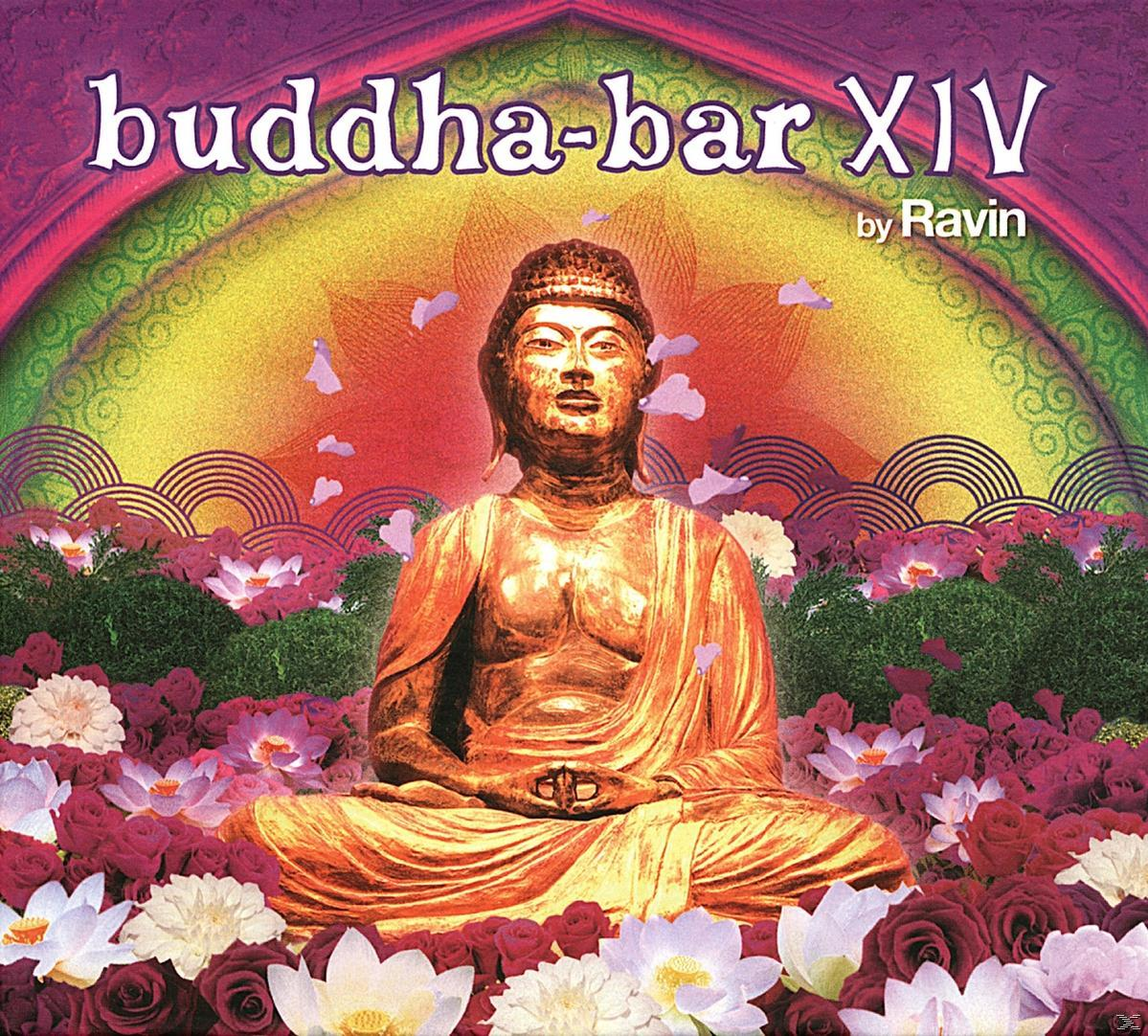 Buddha-Statue in Lotus-Position, umgeben von Blumen und farbenfrohem Hintergrund. Titel 'Buddha-Bar XIV'.