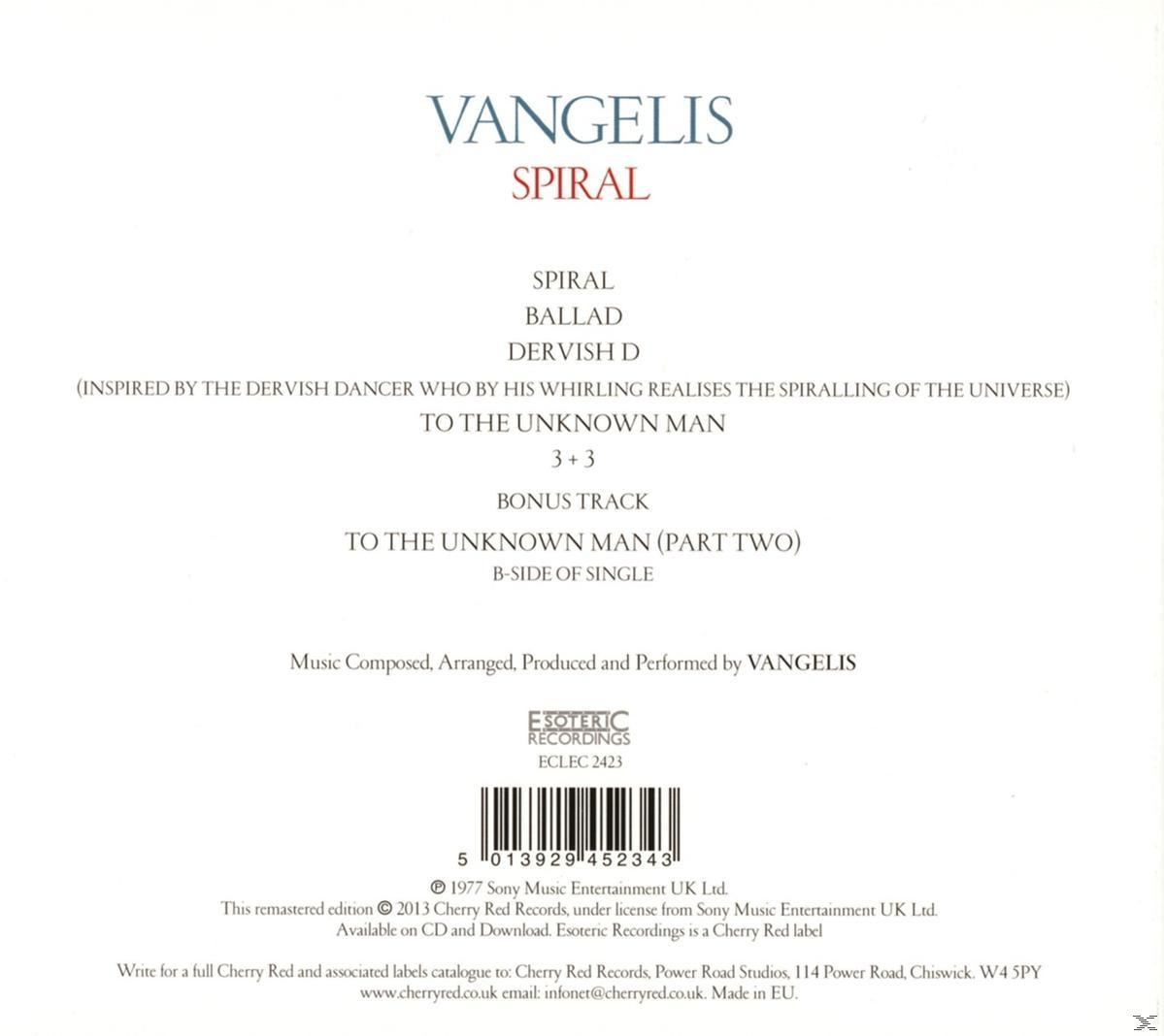 A kép Vangelis "SPIRAL" albumának borítója, a dalok címeivel és a zenéről szóló szöveggel.