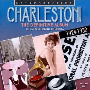Albumcover mit Vintage-Bildern und einer Frau mit Grammophon, 'Charleston! The Definitive Album'.