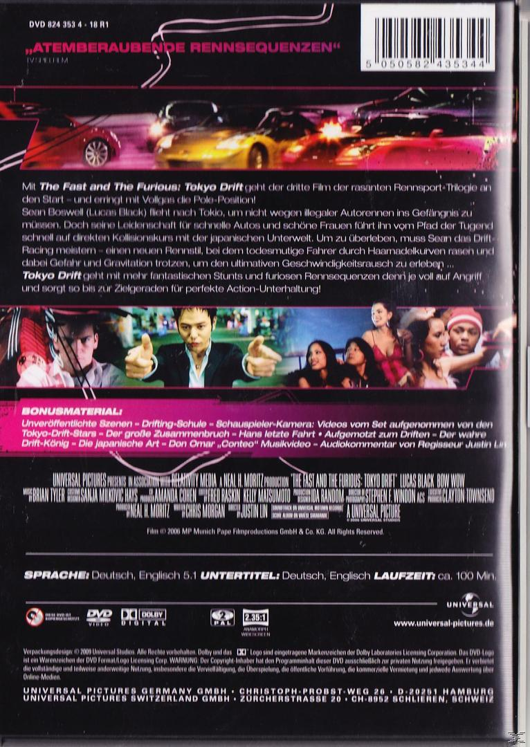 Rückseite einer DVD-Hülle von 'The Fast and the Furious: Tokyo Drift'. Enthält Text und Bilder des Films.