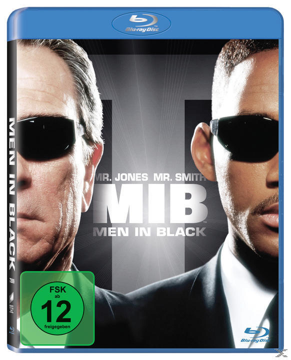 Eine blaue Blu-ray-Hülle mit den Gesichtern zweier Männer, die Sonnenbrillen tragen. Der Titel lautet Men in Black.