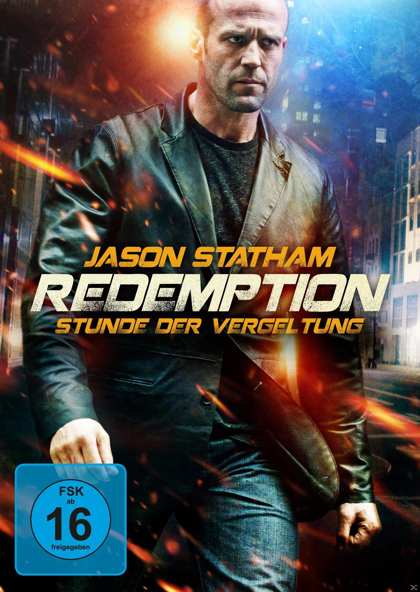 Filmposter von Jason Statham in 'Redemption' mit dunkler Jacke, Stadt und Feuer im Hintergrund.
