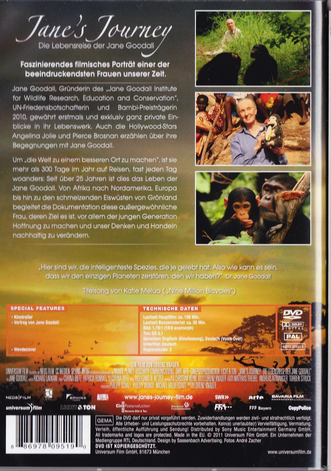 DVD-Rückseite mit Text und Fotos über das Leben und die Reise von Jane Goodall.