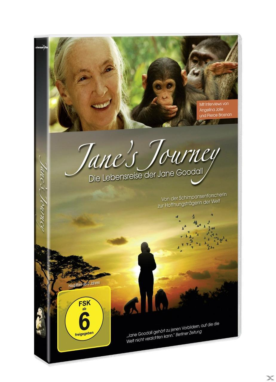 DVD-Cover: Jane Goodall, Schimpansen und eine Sonnenuntergangsszene mit Text.