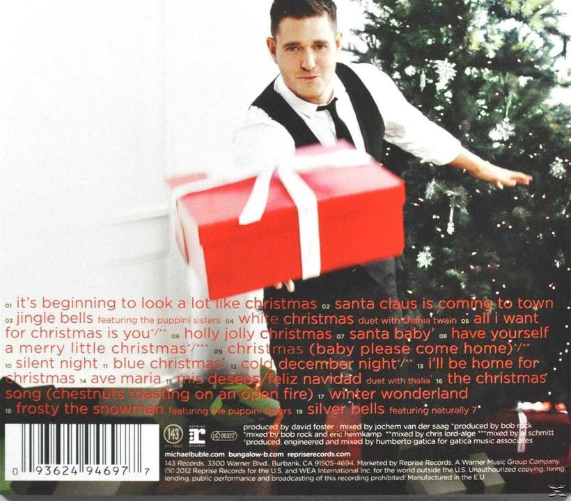 Michael Bublé hält ein rotes Geschenk. Weihnachtliches Albumcover mit Titelliste.